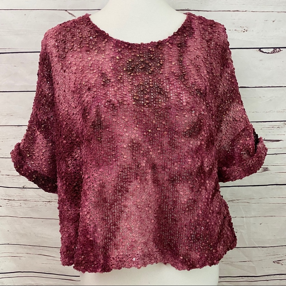 Bobeau Cropped Crochet Look Sweater Small